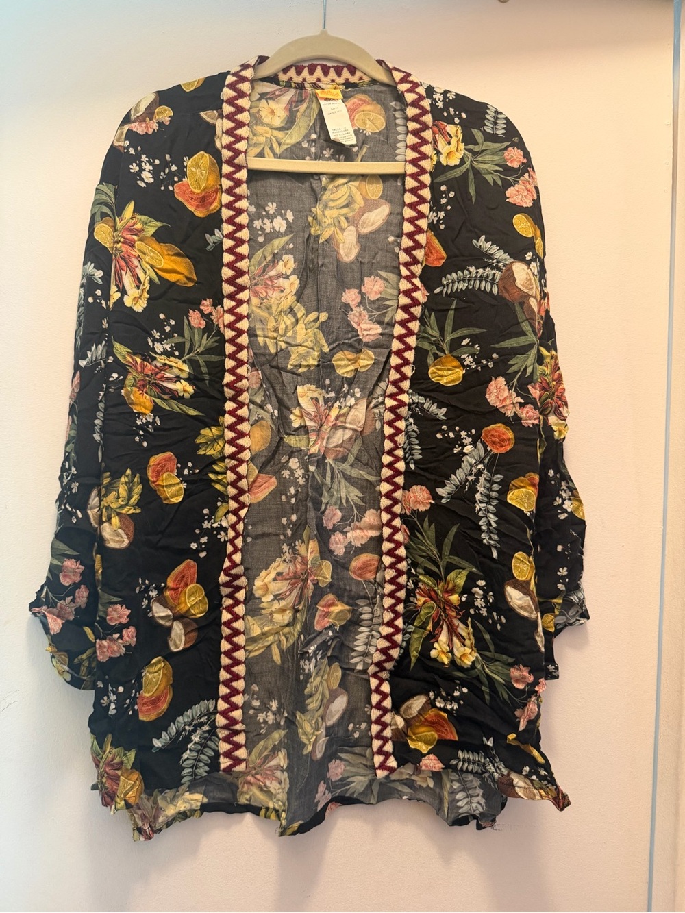 Agua Bendita Black Floral Open-Front Tunic with Burgundy Trim